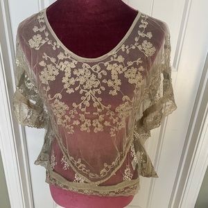 Kimchi Blue Sheer Olive Green Embroidered Top SZ XS